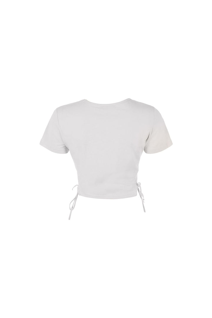 Yanları Büzgülü Dekolteli Tişört Bej