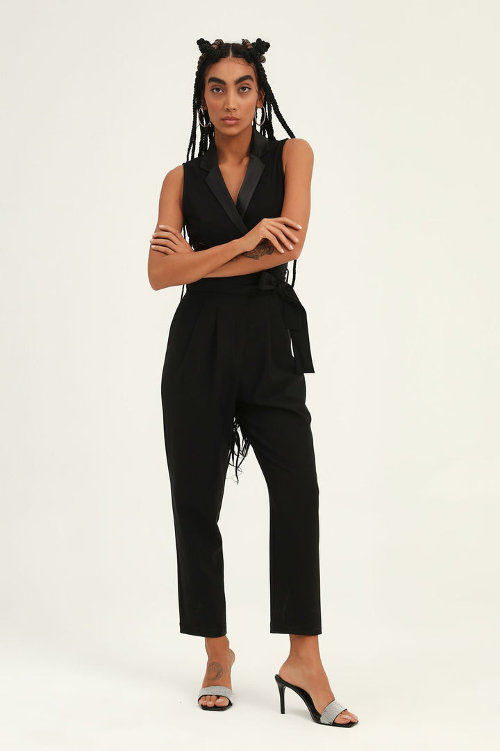 Satin Collar Belted Jumpsuit Black