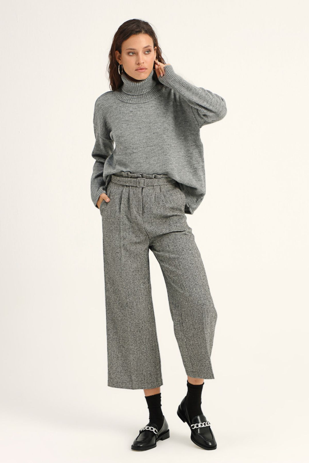 Kemerli Bol Paça Pantolon Gri
