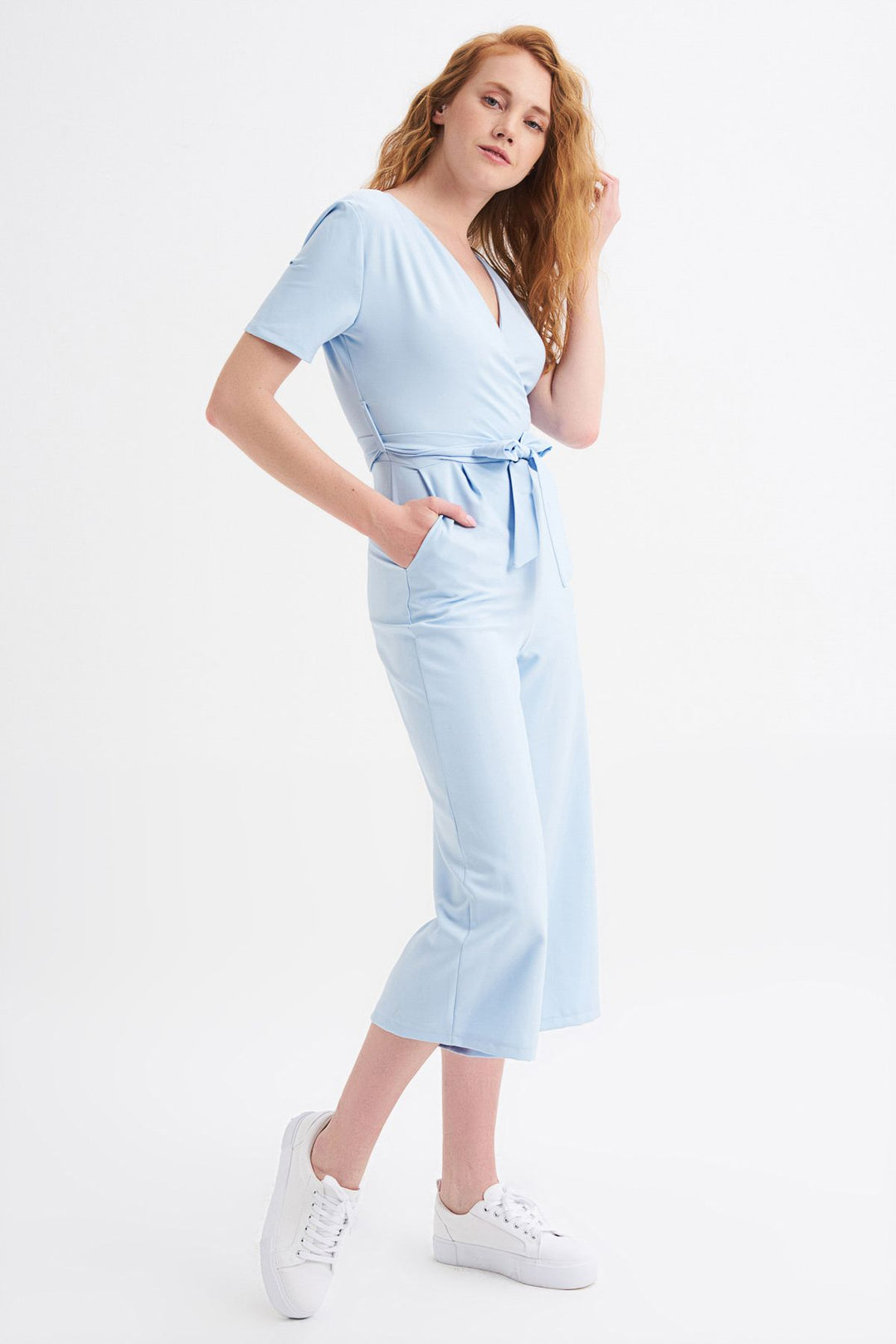 Kruvaze Beli Kuşaklı Tulum Bebe Mavi