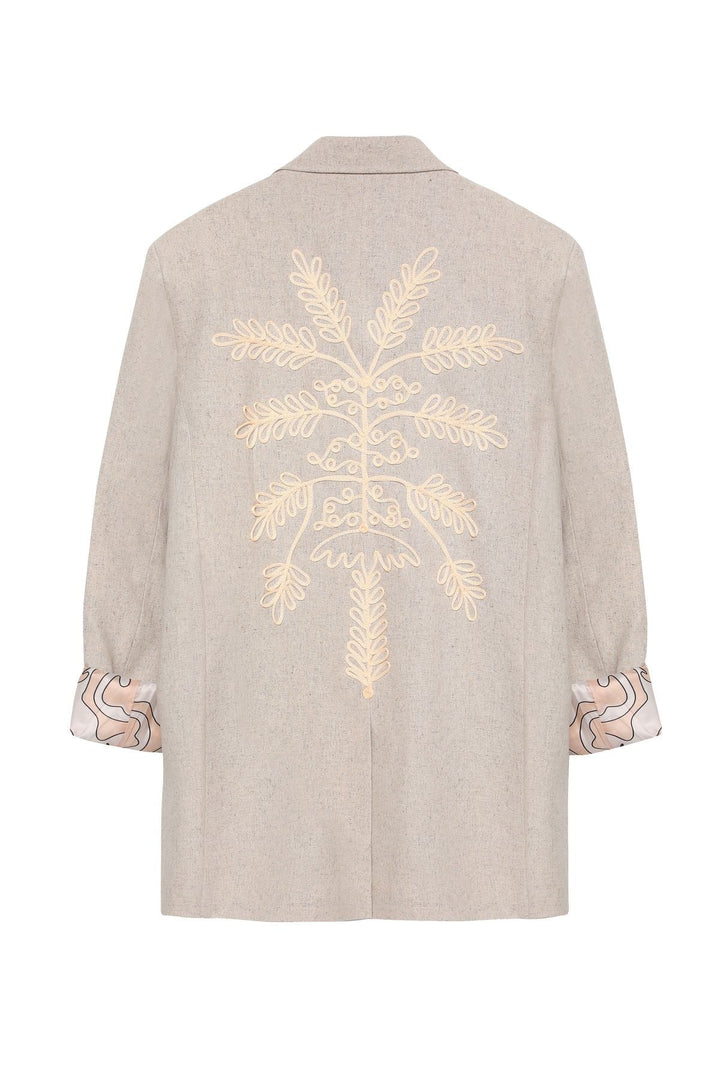 Sırtı Nakış Detaylı Keten Blazer Ceket Naturel