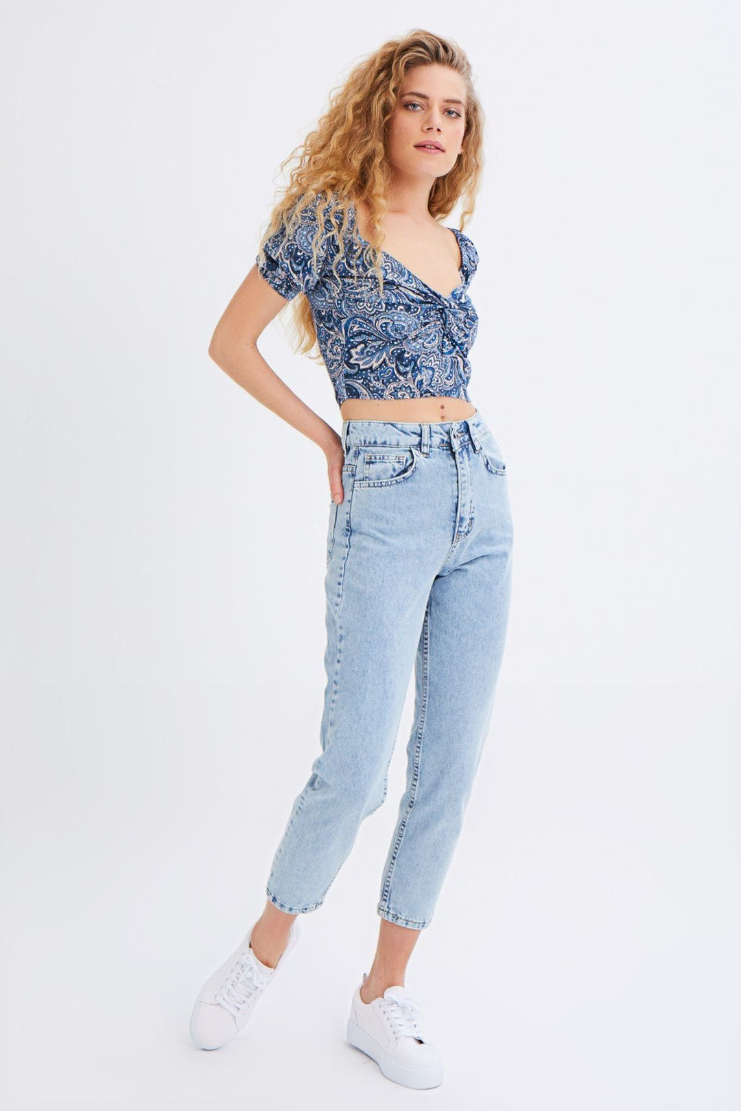 Patterned Balloon Sleeve V-Neck Blouse Indigo