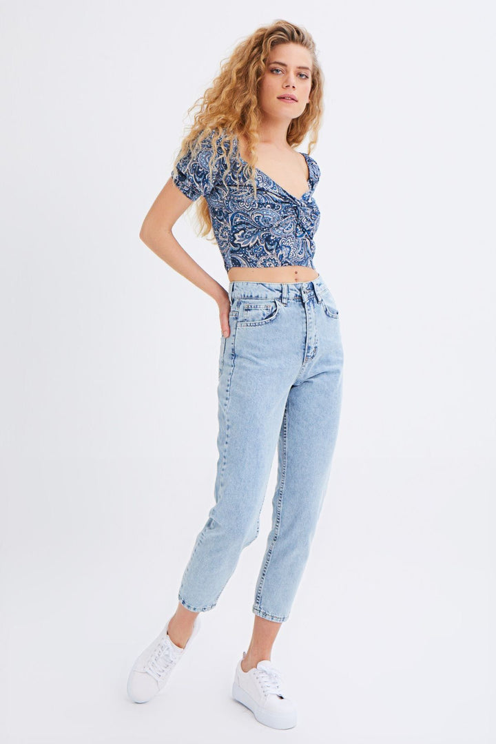 Patterned Balloon Sleeve V-Neck Blouse Indigo