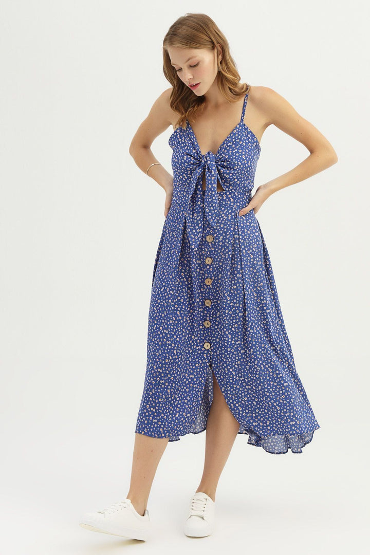 Floral Patterned Front Tied Strap Dress Sax
