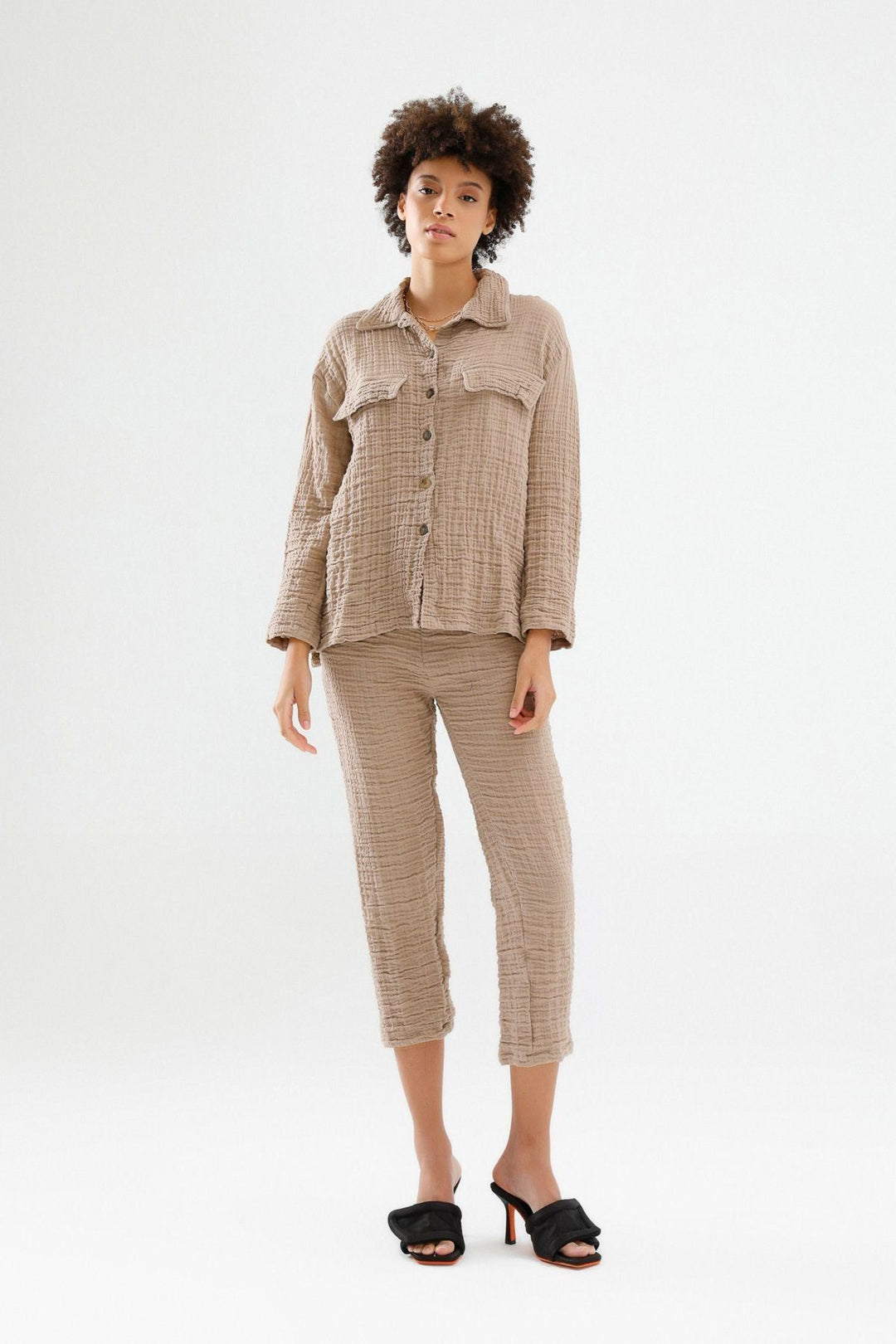 Elastic Waist Textured Trousers Camel