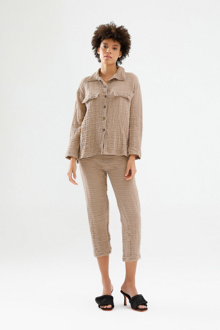 Elastic Waist Textured Trousers Camel