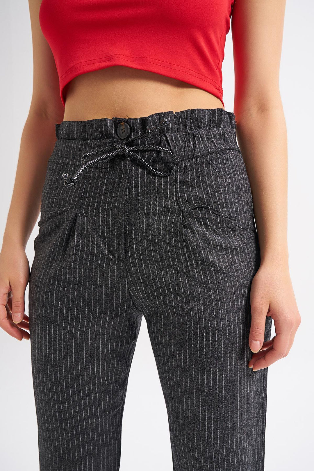 Tie Waist Striped Trousers Anthracite