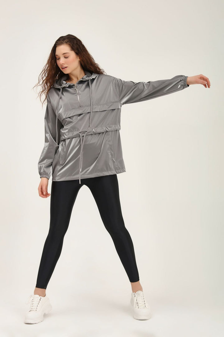 Hooded Elastic Waist Raincoat Gray