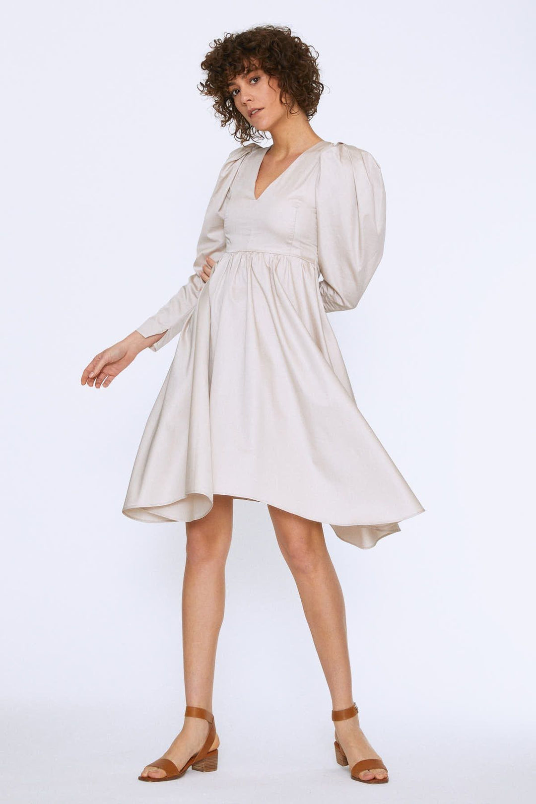Balloon Sleeve V Neck Midi Dress Stone