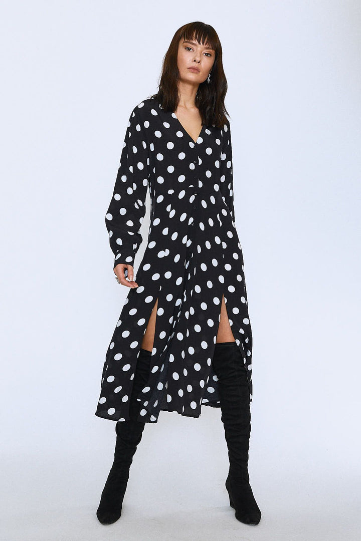 Button Front V-Neck Dress Black