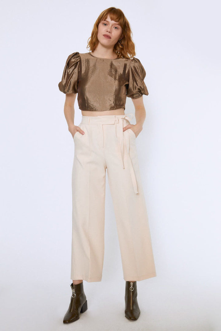 Tie Waist Wide Leg Trousers Bone
