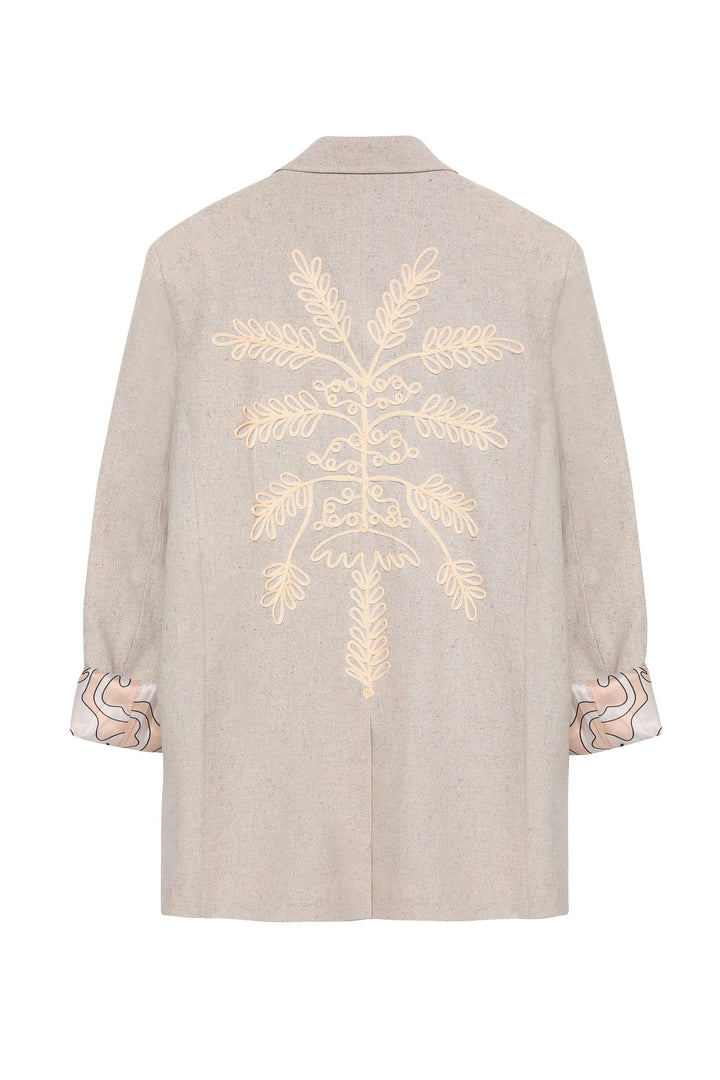 Sırtı Nakış Detaylı Keten Blazer Ceket Naturel
