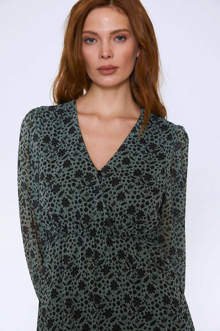 Floral Pattern V Neck Midi Dress Mint