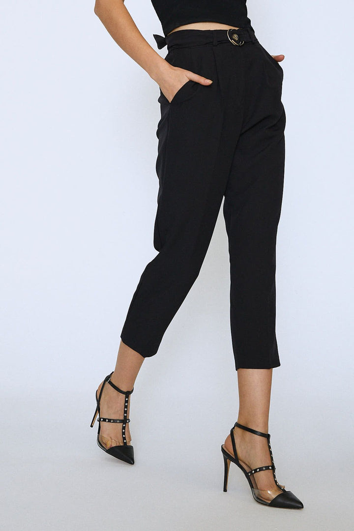 Waist Belted Fabric Trousers Black