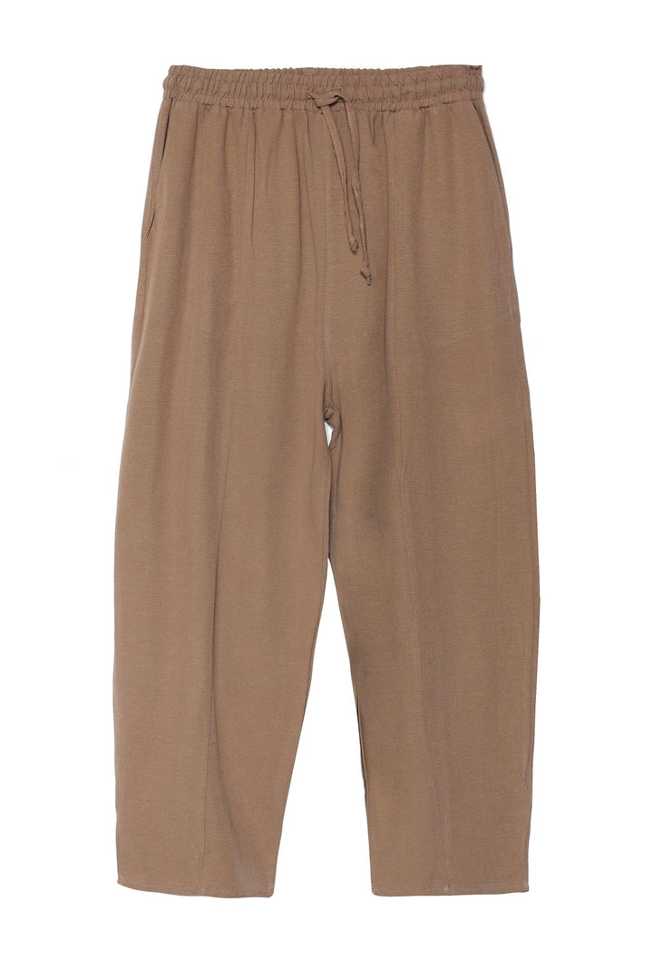 Beli Lastikli Keten Pantolon Vizon