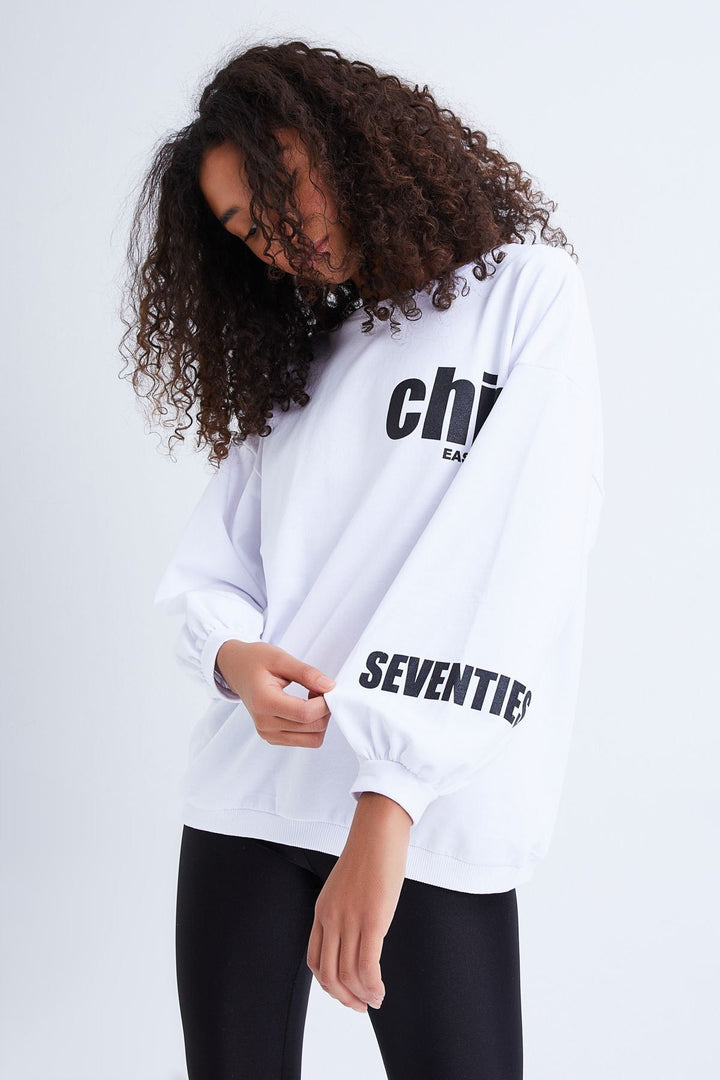 Crew Neck Oversize Printed Sweatshirt White