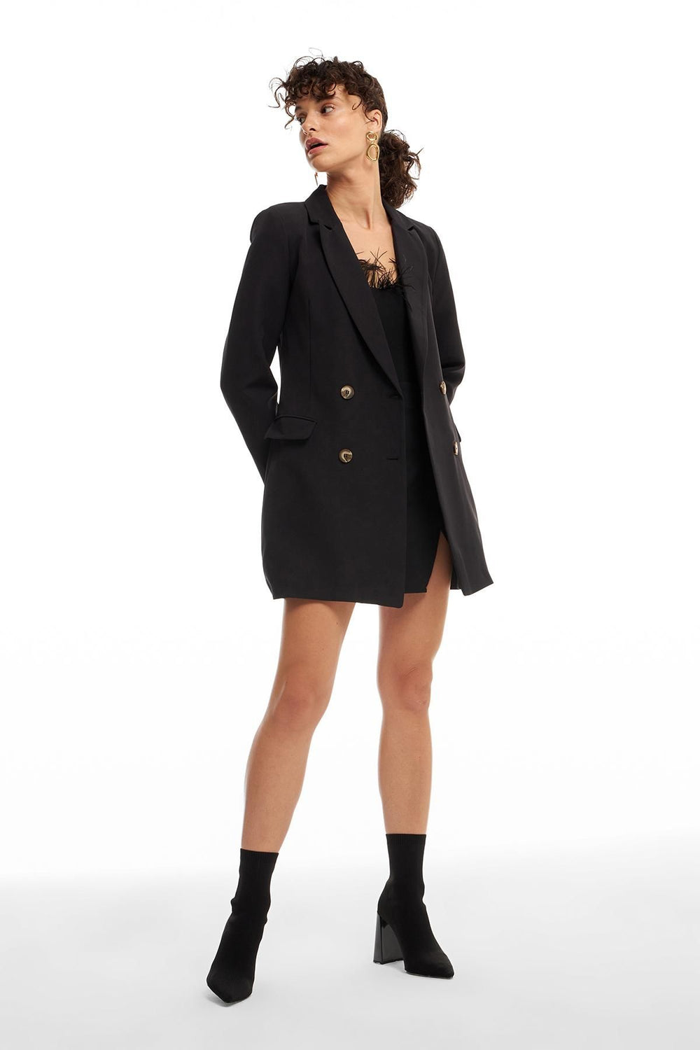 Double Breasted Collar Jacket Dress Black