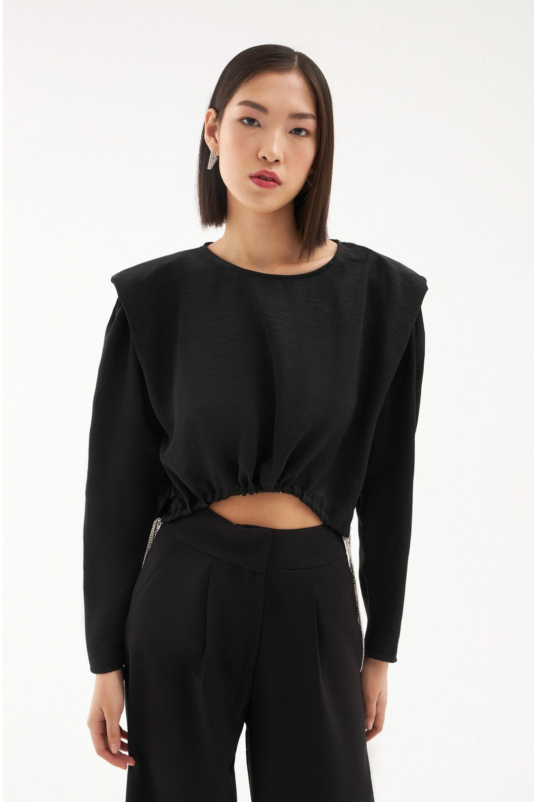 Waist Pleated Waistband Blouse Black