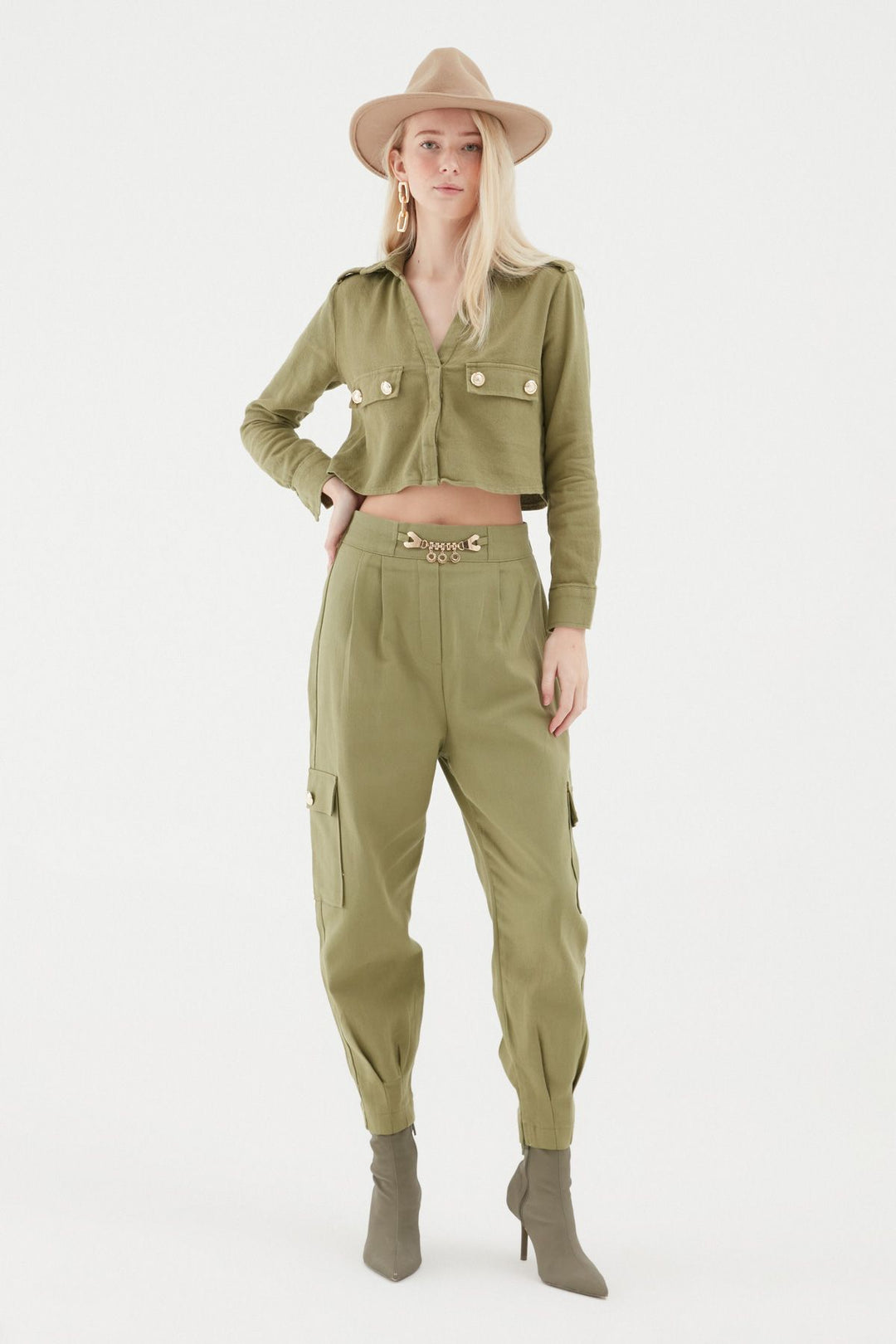 Button Detailed Crop Shirt Khaki