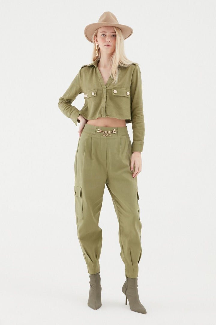 Button Detailed Crop Shirt Khaki