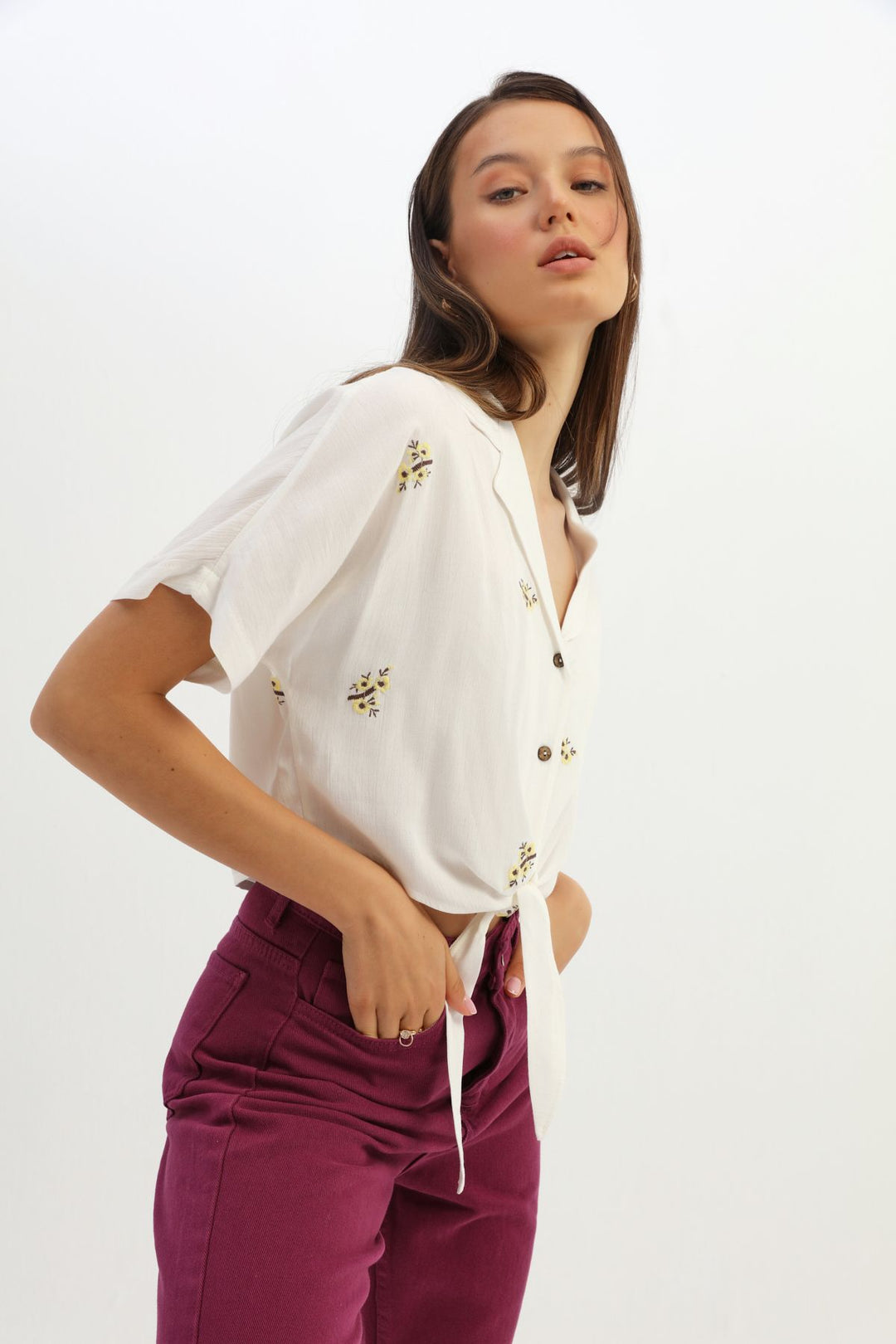 Front Tied Embroidered Shirt Ecru
