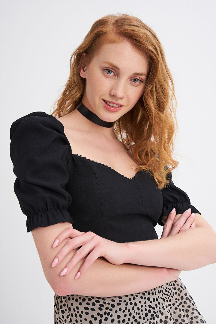 Balloon Sleeve V Neck Crop Blouse Black