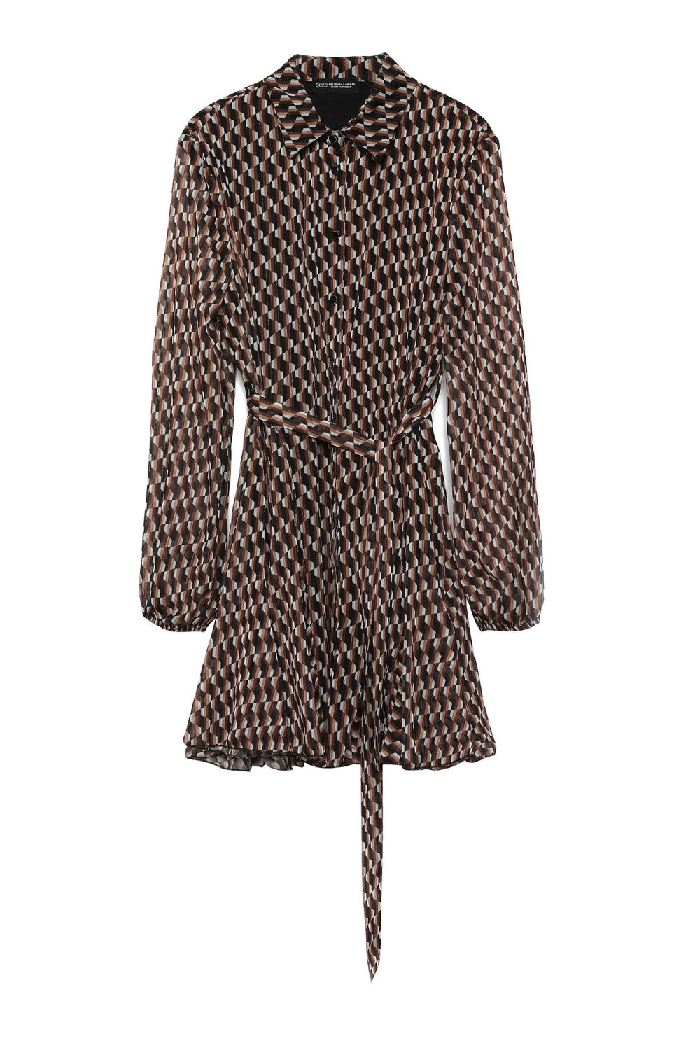 Patterned Button Detailed Mini Dress Brown