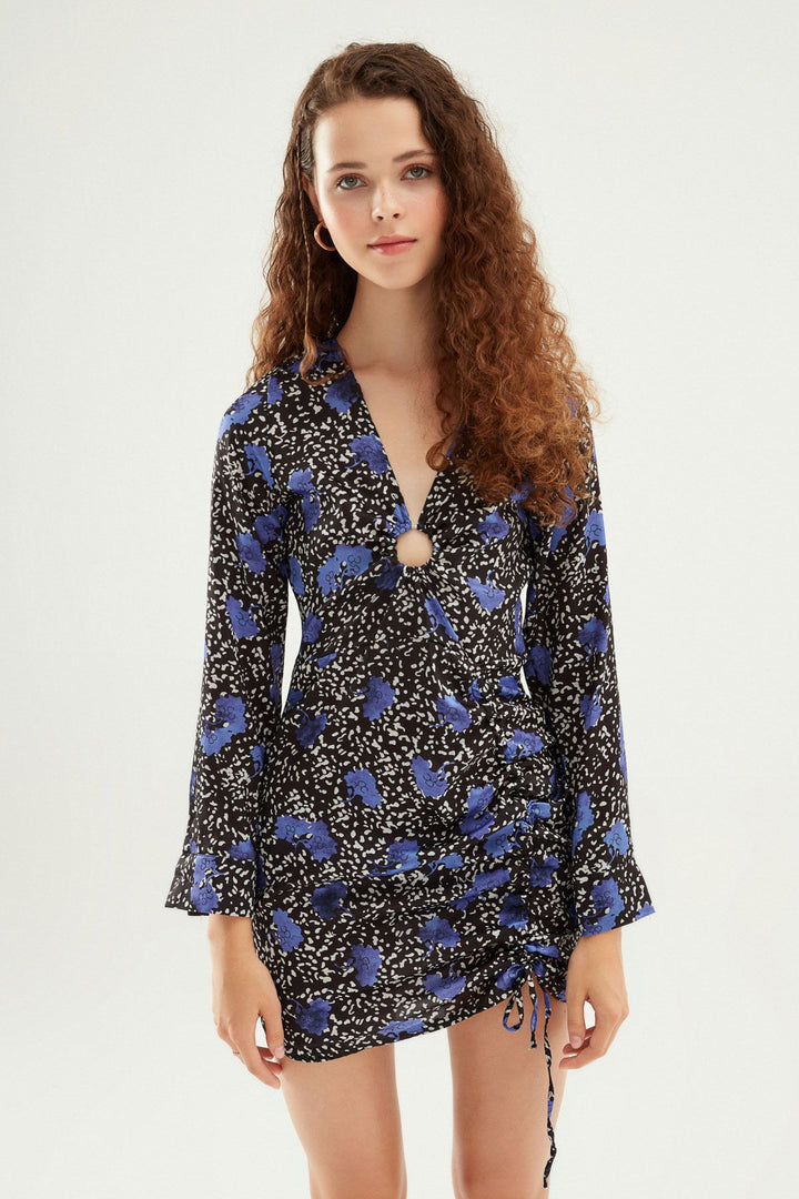 Patterned Pleated Satin Dress Purple