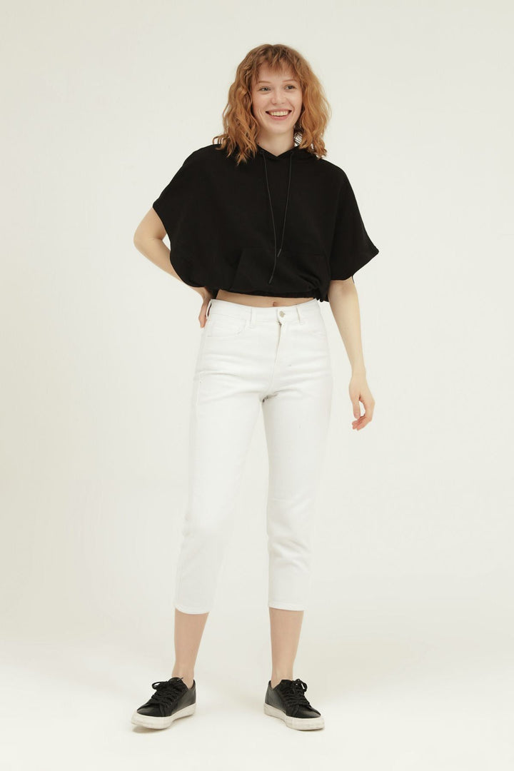 Yarasa Kol Kapüşonlu Sweatshirt Siyah