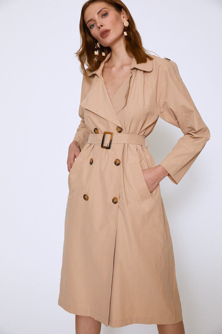 Apoletli Beli Kuşaklı Trençkot Camel