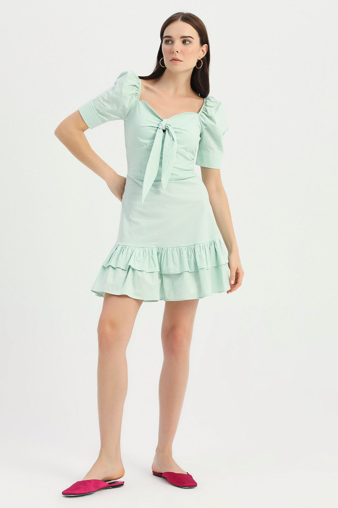 Tie Detailed Balloon Sleeve Dress Mint
