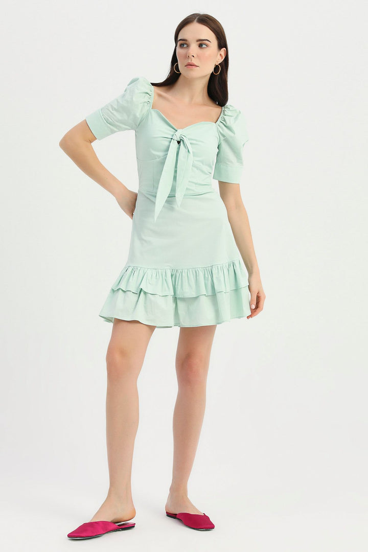 Tie Detailed Balloon Sleeve Dress Mint