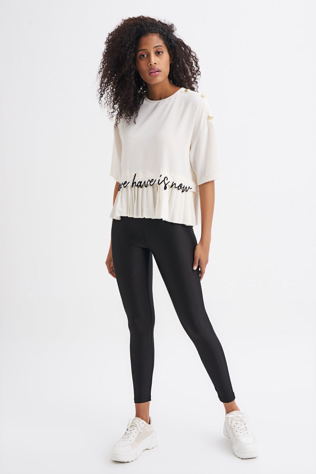 Button Accessory Embroidered Frilly Blouse Ecru