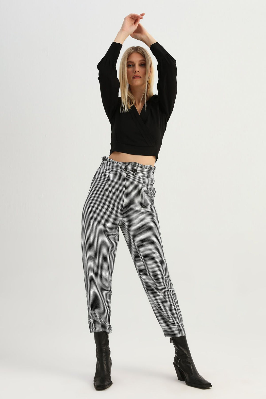 Balloon Sleeve Double Breasted Crop Blouse Black