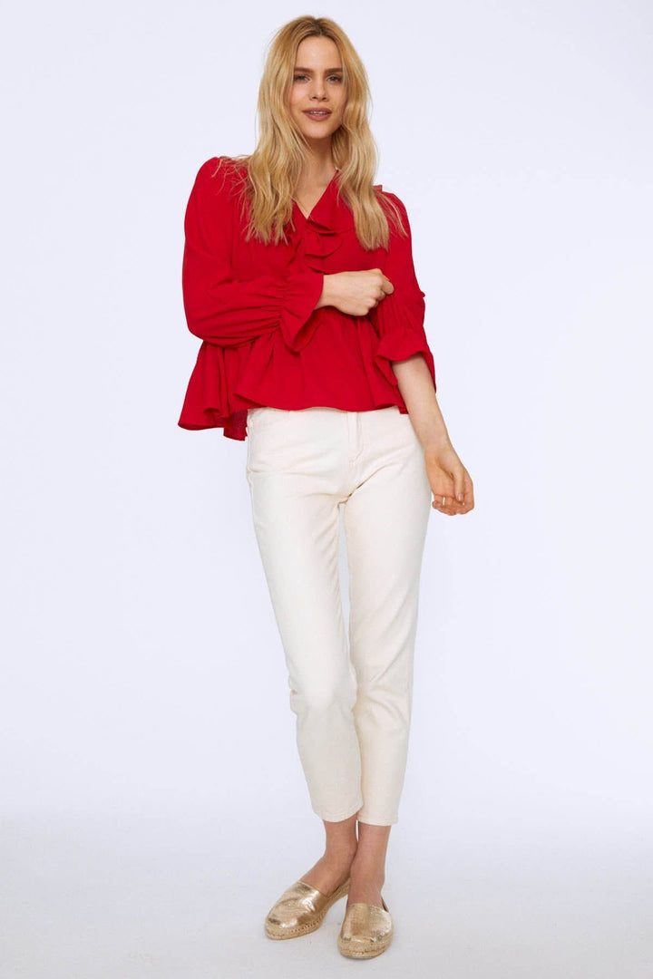 Ruffle Front V Neck Blouse Red