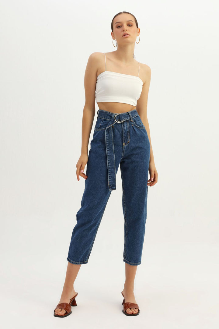 Kemerli Mom Jean Mavi