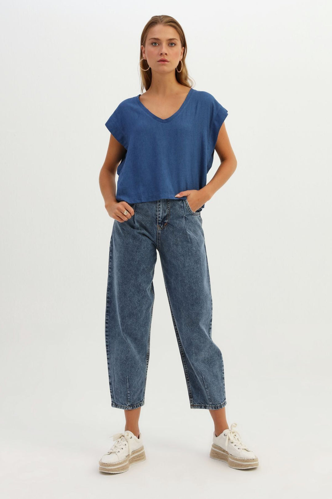 V Yaka Keten Bluz İndigo
