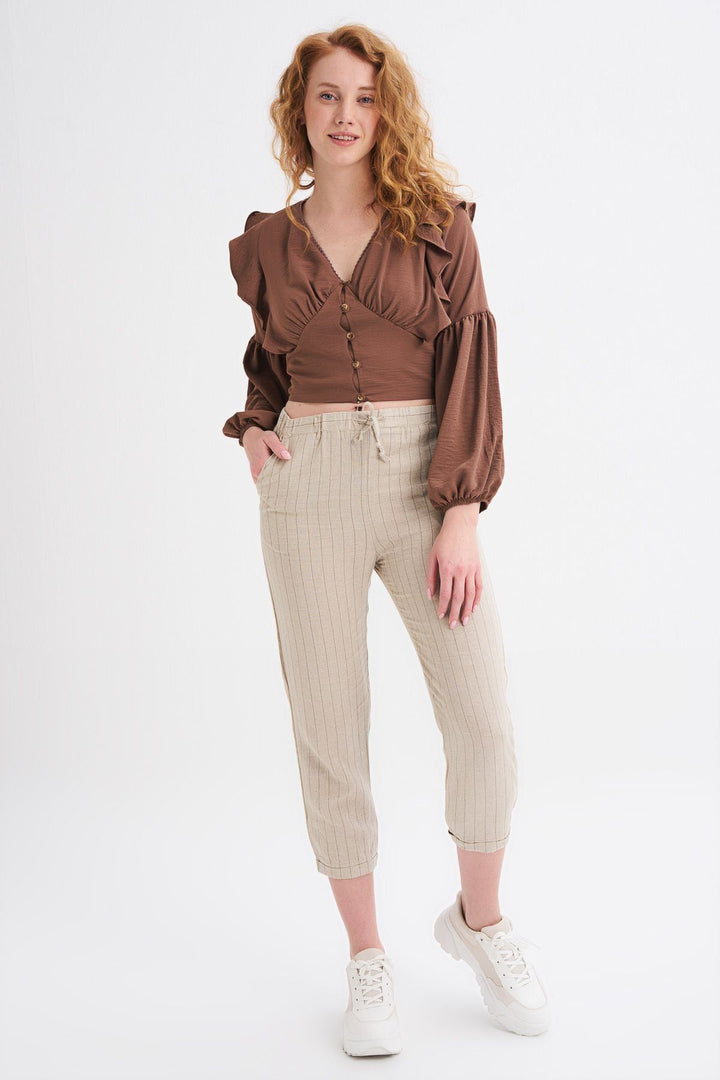 Button Front V-Neck Frill Blouse Brown