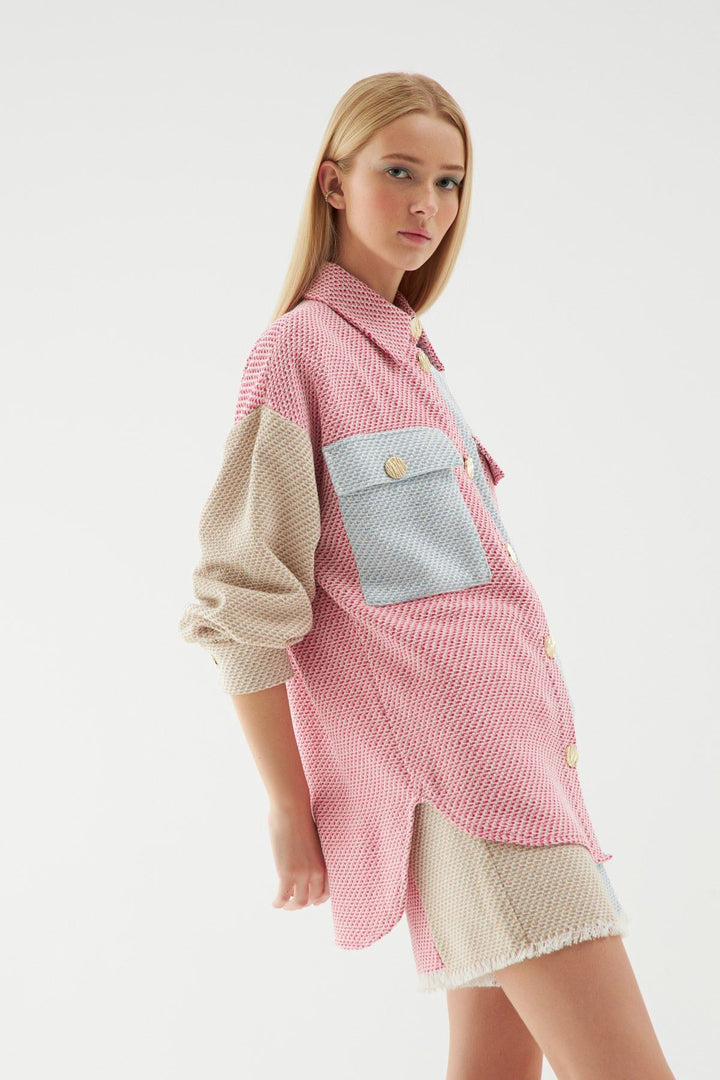 Tweed Pocket Oversize Shirt Beige