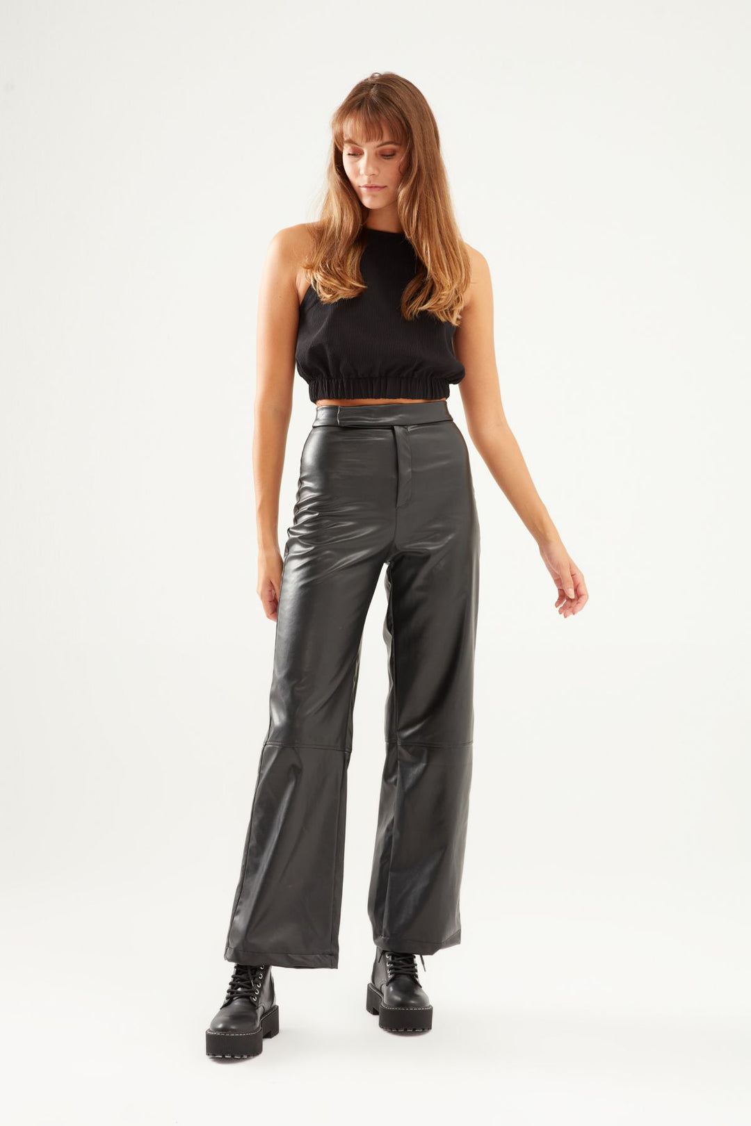 Geniş Paça Deri Pantolon Siyah