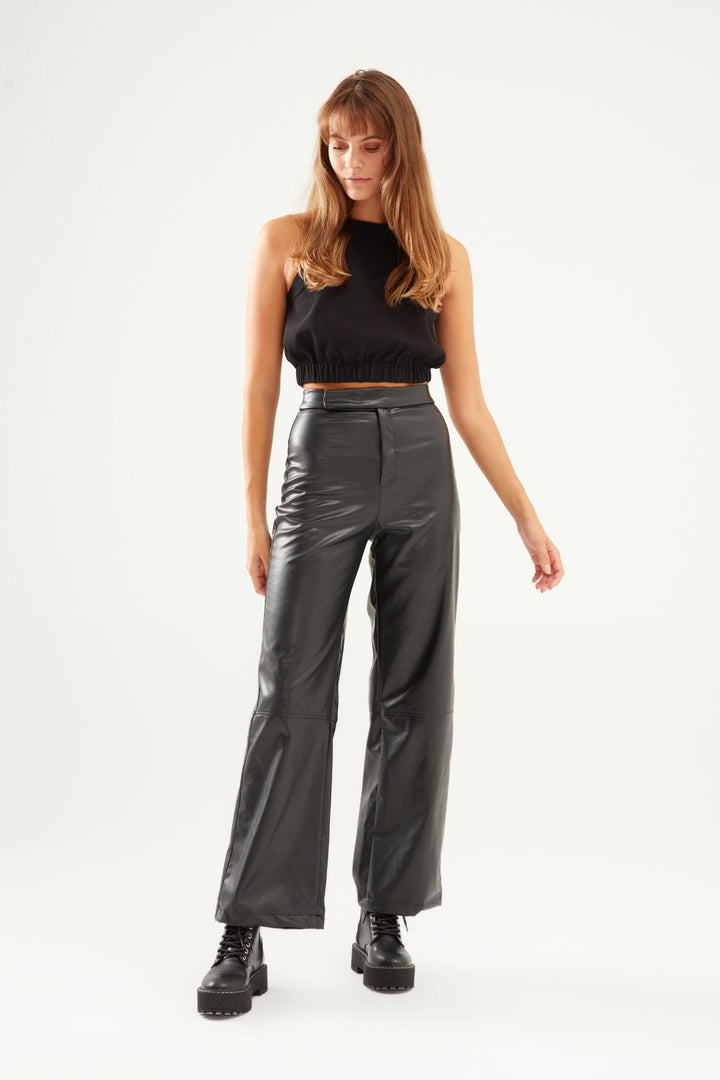 Geniş Paça Deri Pantolon Siyah