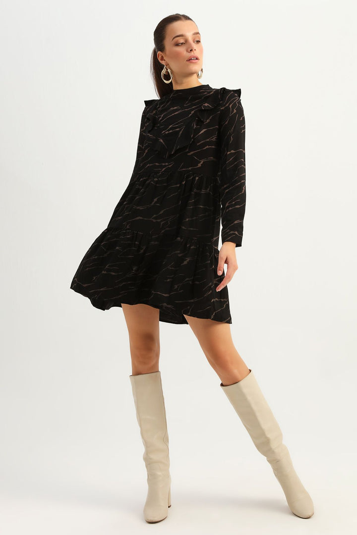 Patterned Ruffle Midi Dress Black