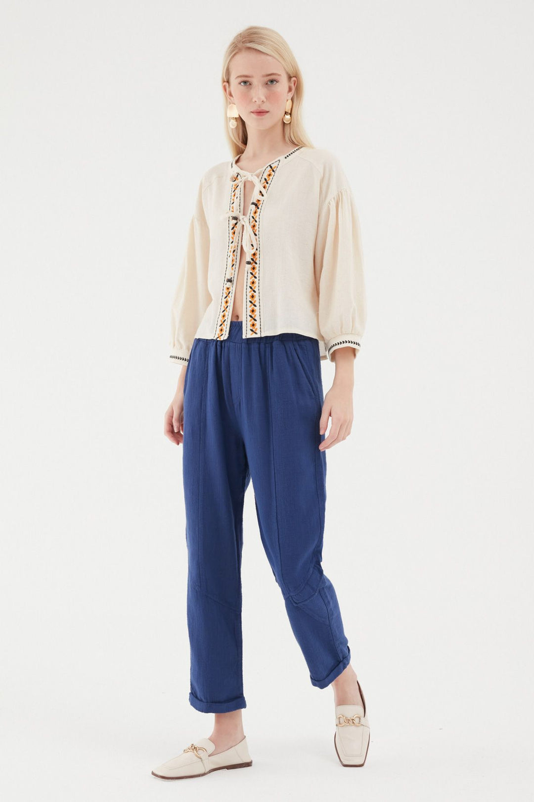 Elastic Waist Pocket Detailed Trousers Navy Blue