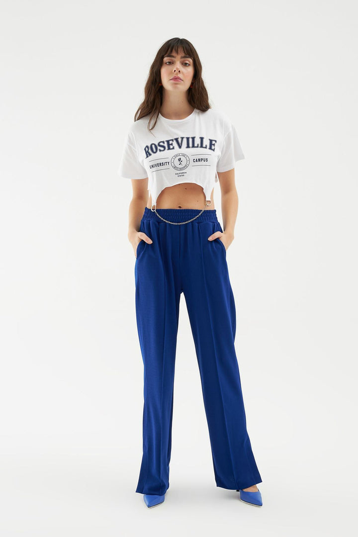 Slit Elastic Waist Trousers Sax
