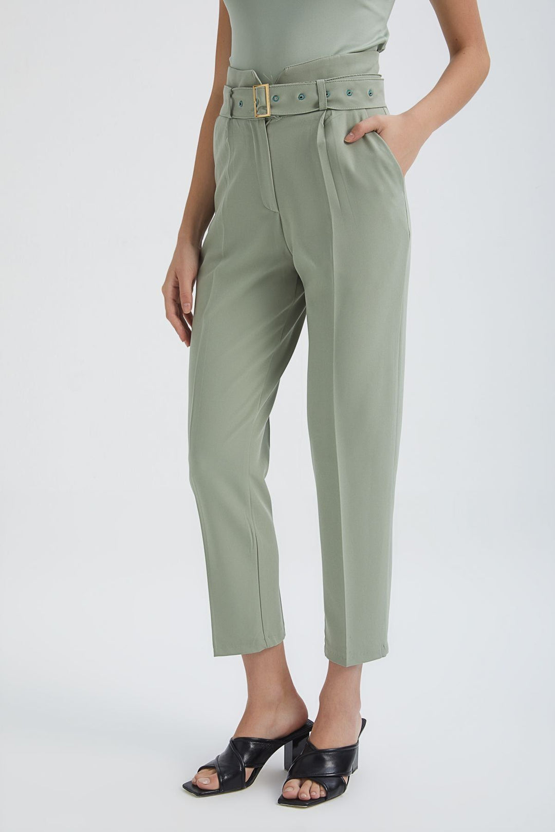 Kemerli Yüksek Bel Casual Pantolon Mint