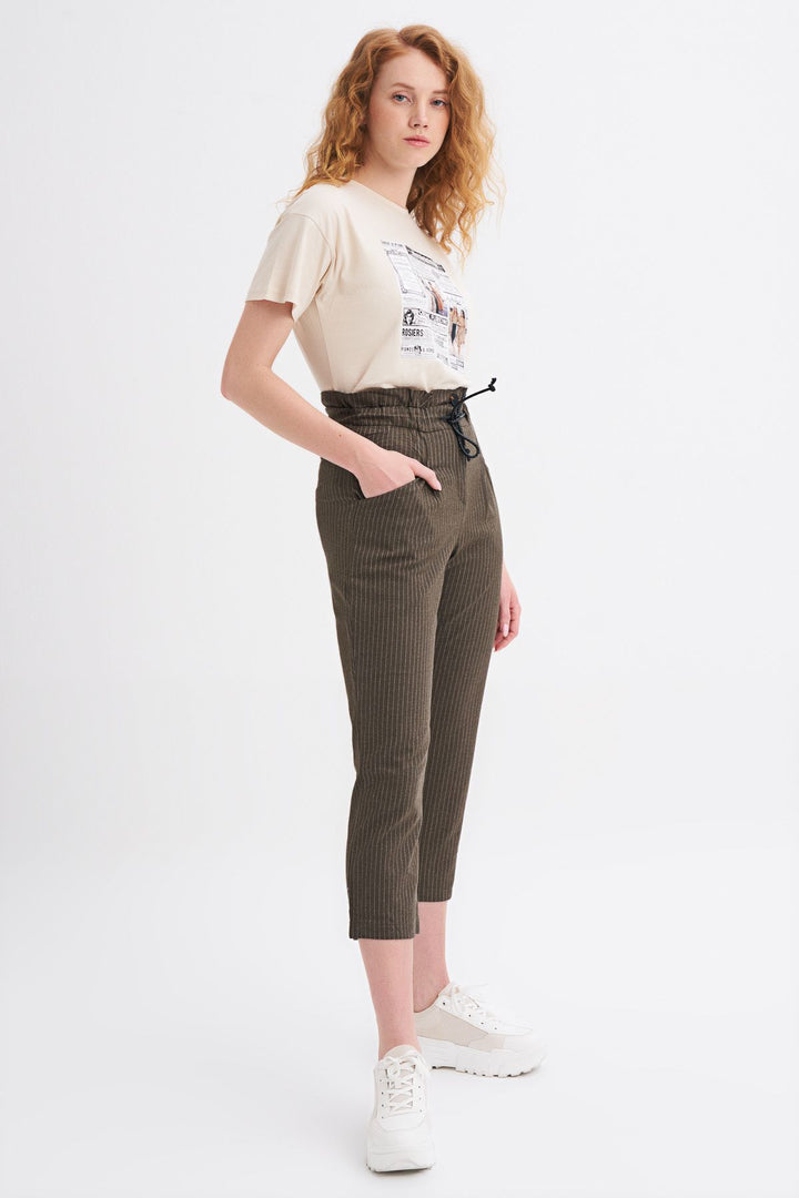 Tie Waist Striped Trousers Khaki