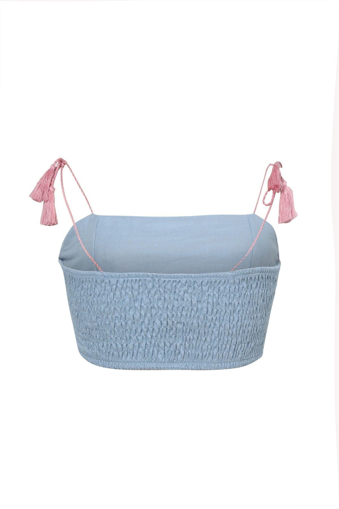 Nakışlı İp Askılı Büstiyer Keten Bluz Mavi