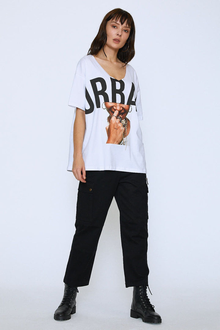 V-Neck Printed T-Shirt White