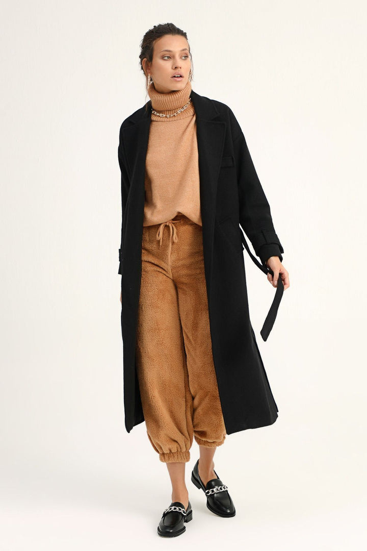 Waist Belted Long Coat Black