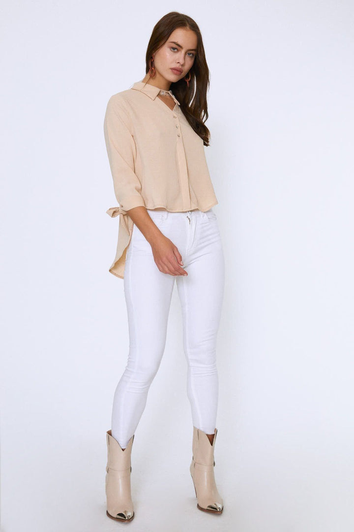V-Neck Shirt with Tied Sleeves Stone
